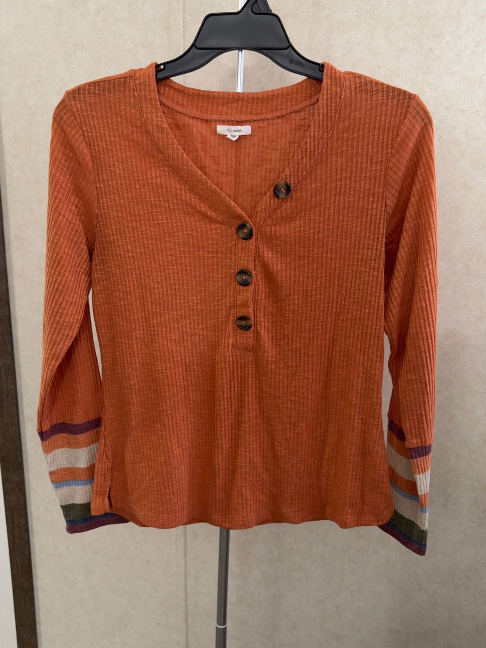 Maurices Rust Button Henley with Striped Cuffs